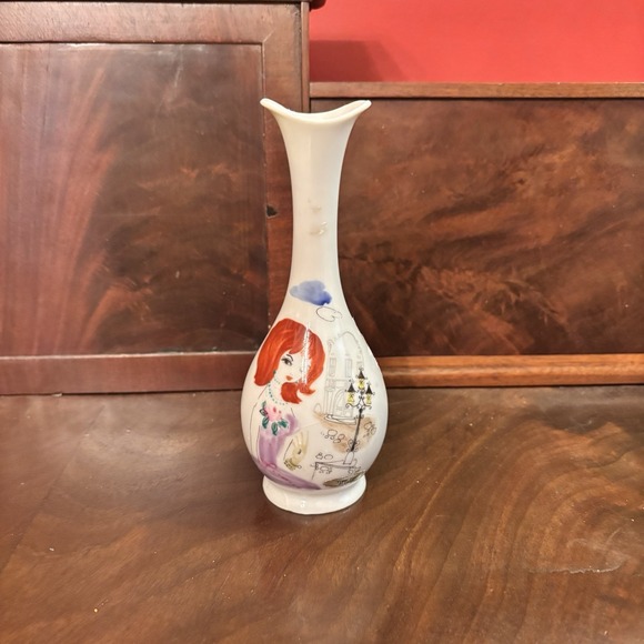 Vintage Enesco Femme Faire Hand Painted Girl Vases Pair Mid Century 6" - Picture 3 of 11